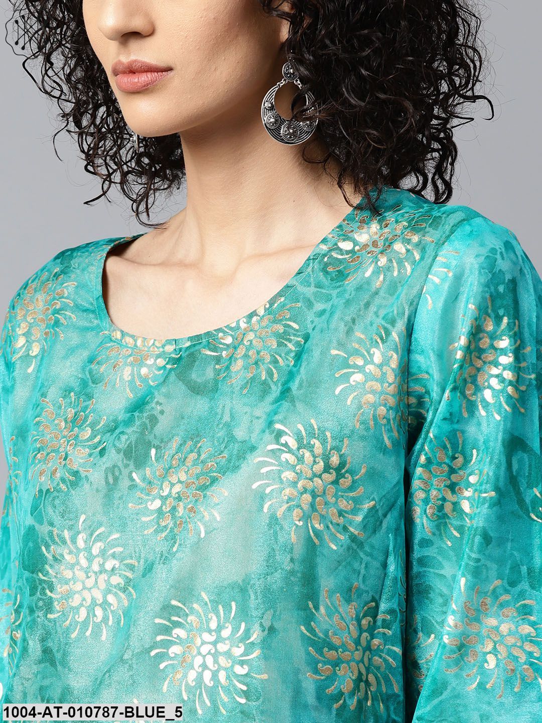 Blue Foil Printed 3/4Th Sleeve Anarkali Double Layer Kurta