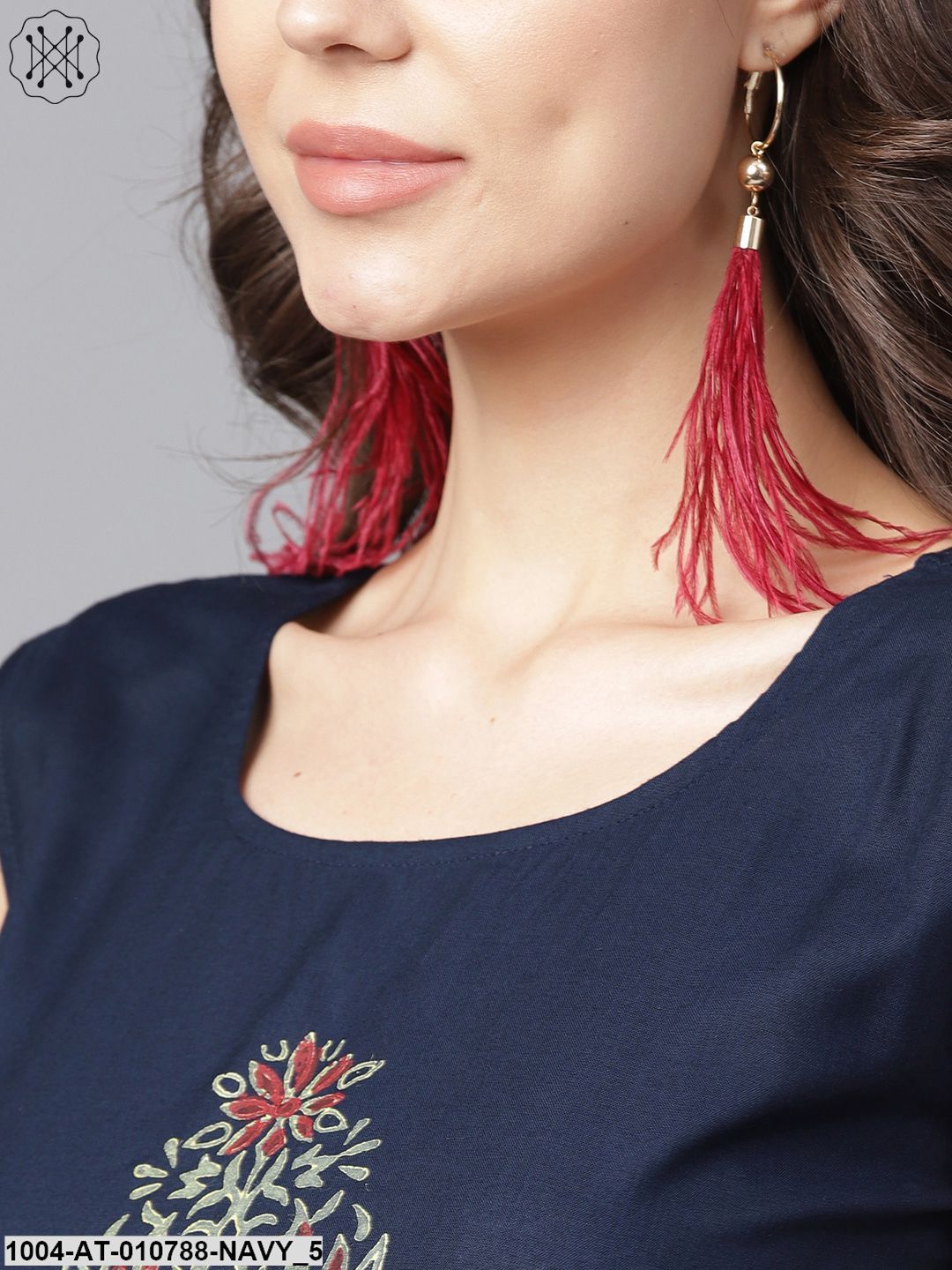 Navy Blue Block Printed Sleeveless Rayon A-Line Kurta