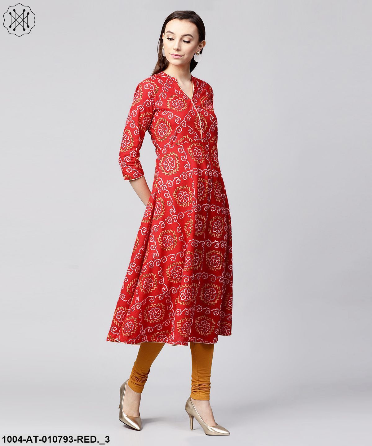 Red 3/4Th Sleeve Cotton Anarkali Kurta