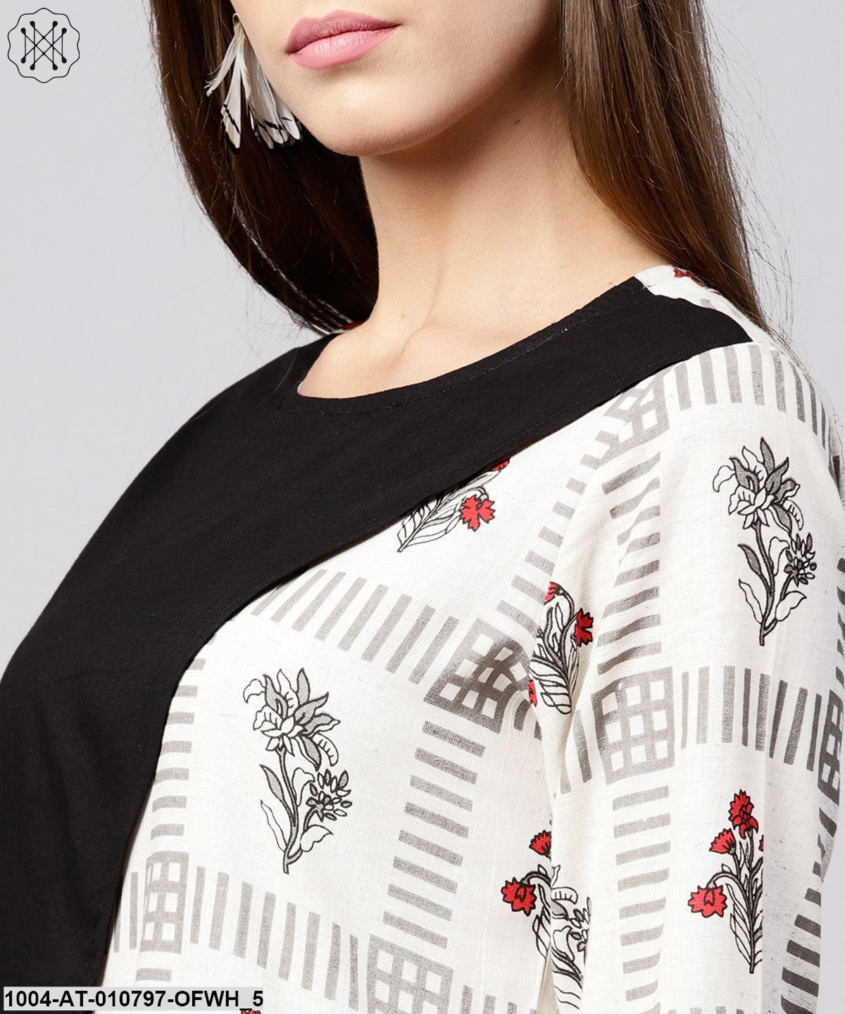 Off White & Black Printed Cotton 3/4Th Sleeve A-Line Kurta With Pocket At Front