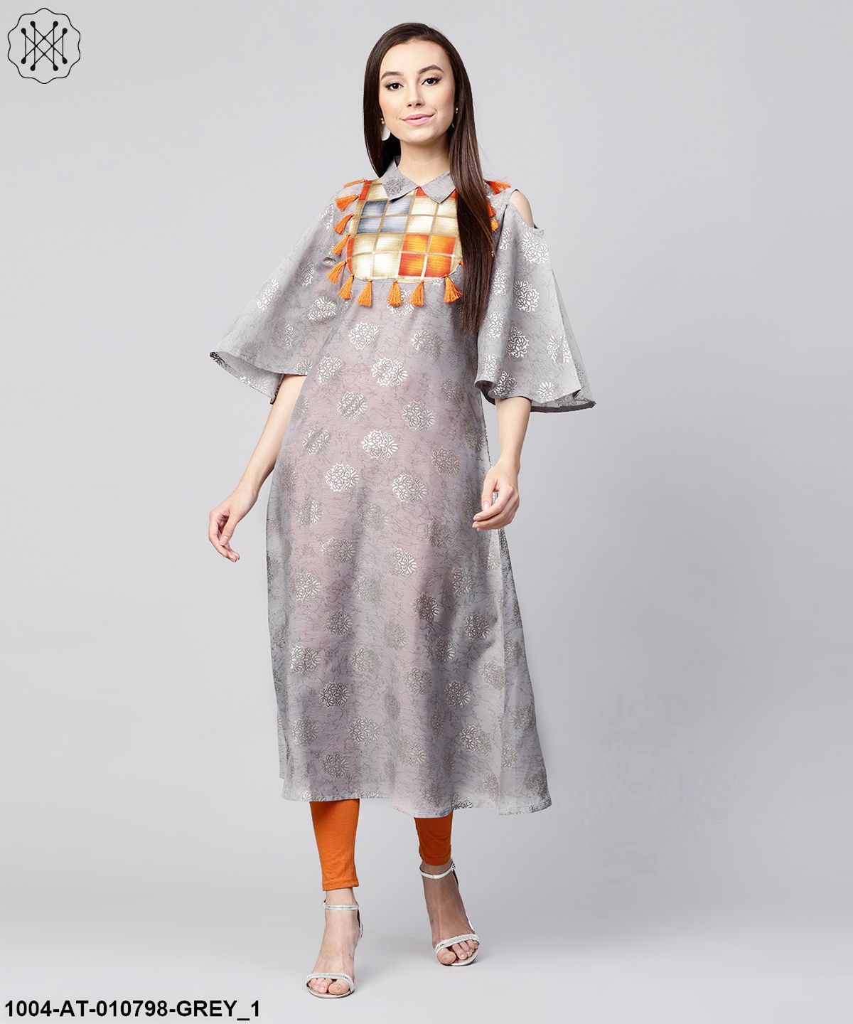 Grey Foil Printed 3/4Th Circle Cold Shoulder Sleeve Cotton Kurta With Tussel Work At Yoke
