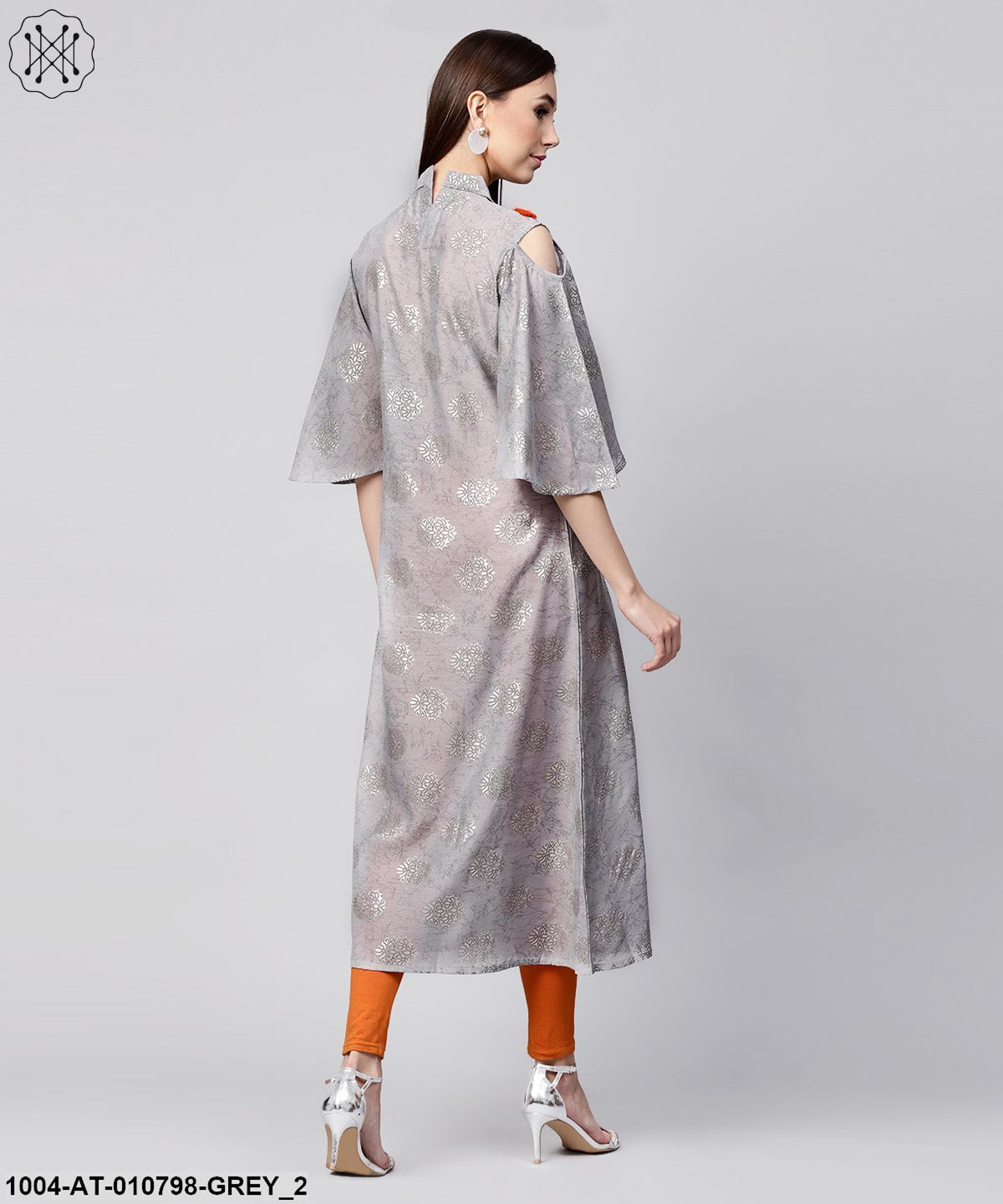 Grey Foil Printed 3/4Th Circle Cold Shoulder Sleeve Cotton Kurta With Tussel Work At Yoke