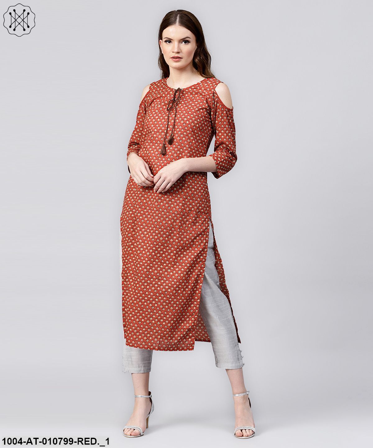 Red Printed 3/4Th Sleeve Cold Shoulder Cotton Assymetric Kurta With Dori Work At Yoke