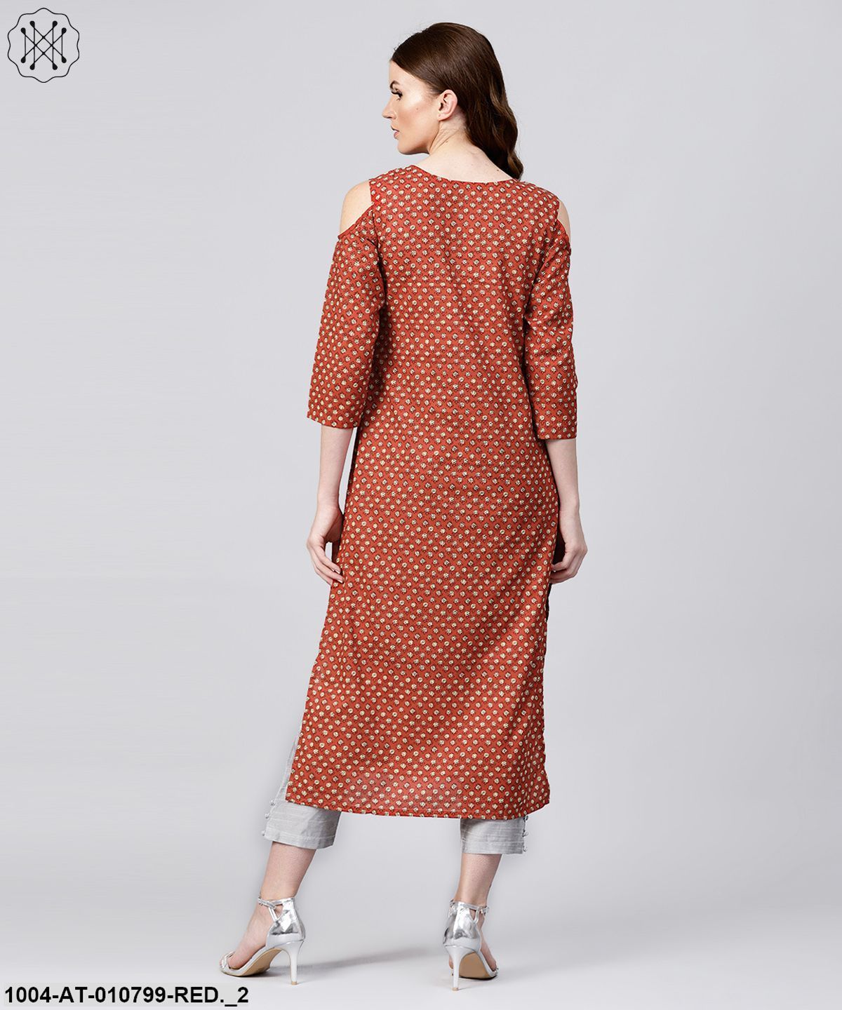 Red Printed 3/4Th Sleeve Cold Shoulder Cotton Assymetric Kurta With Dori Work At Yoke