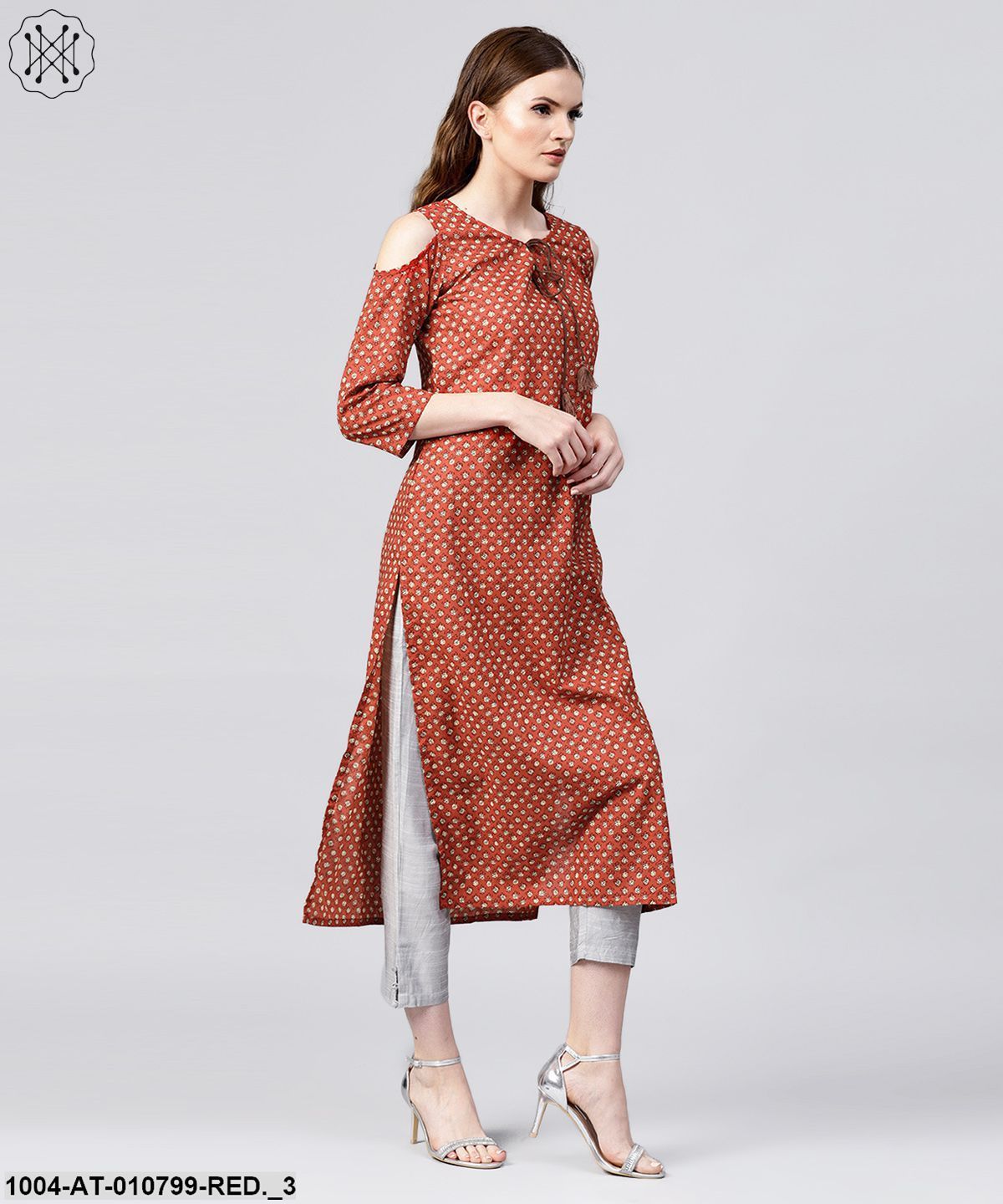 Red Printed 3/4Th Sleeve Cold Shoulder Cotton Assymetric Kurta With Dori Work At Yoke