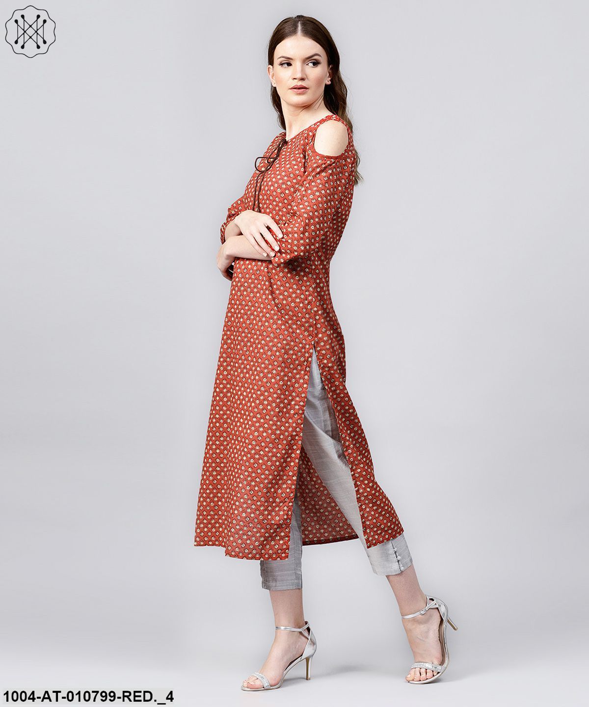 Red Printed 3/4Th Sleeve Cold Shoulder Cotton Assymetric Kurta With Dori Work At Yoke