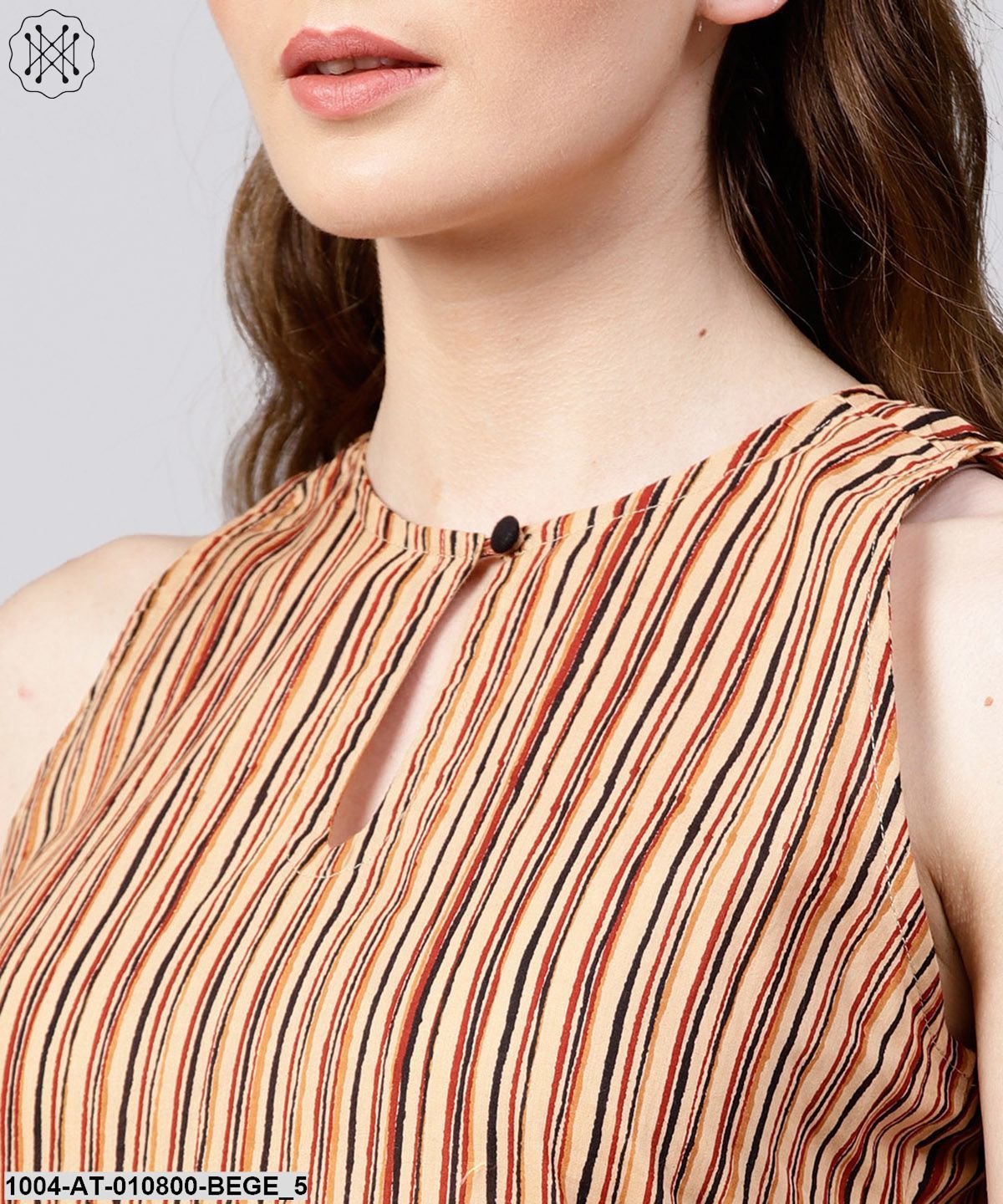 Beige Striped Sleeveless Cotton Long Kurta