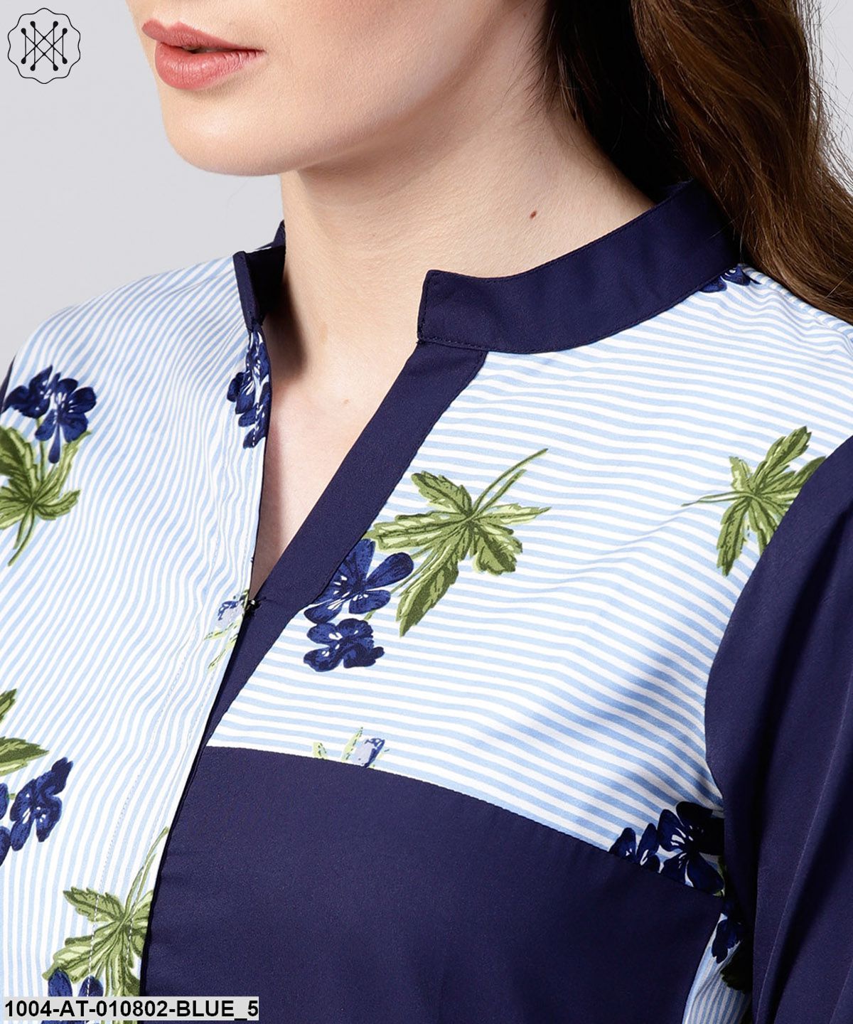 Blue Striped Printed 3/4Th Sleeve Crepe Kurta