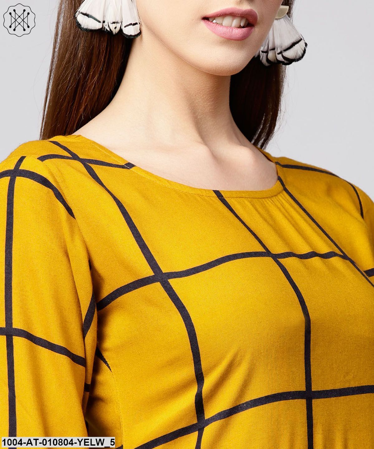 Yellow Checked 3/4Th Sleeve Cotton A-Line Kurta
