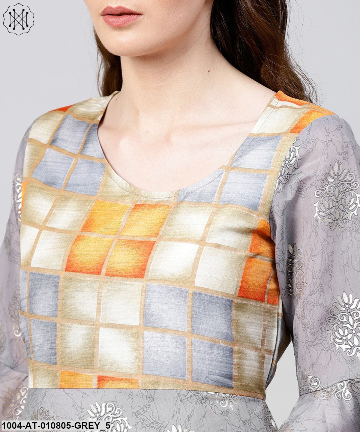 Grey Banglori Printed 3/4Th Sleeve Cotton Anarkali Kurta
