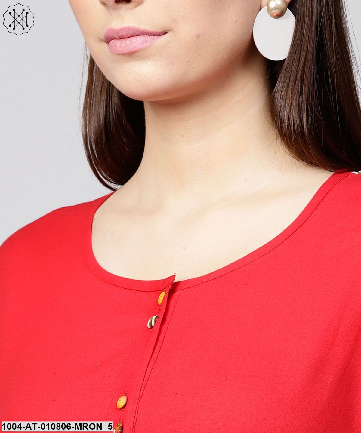 Maroon Half Slevee Cotton Front Open Kurta With Pocket On Left Side