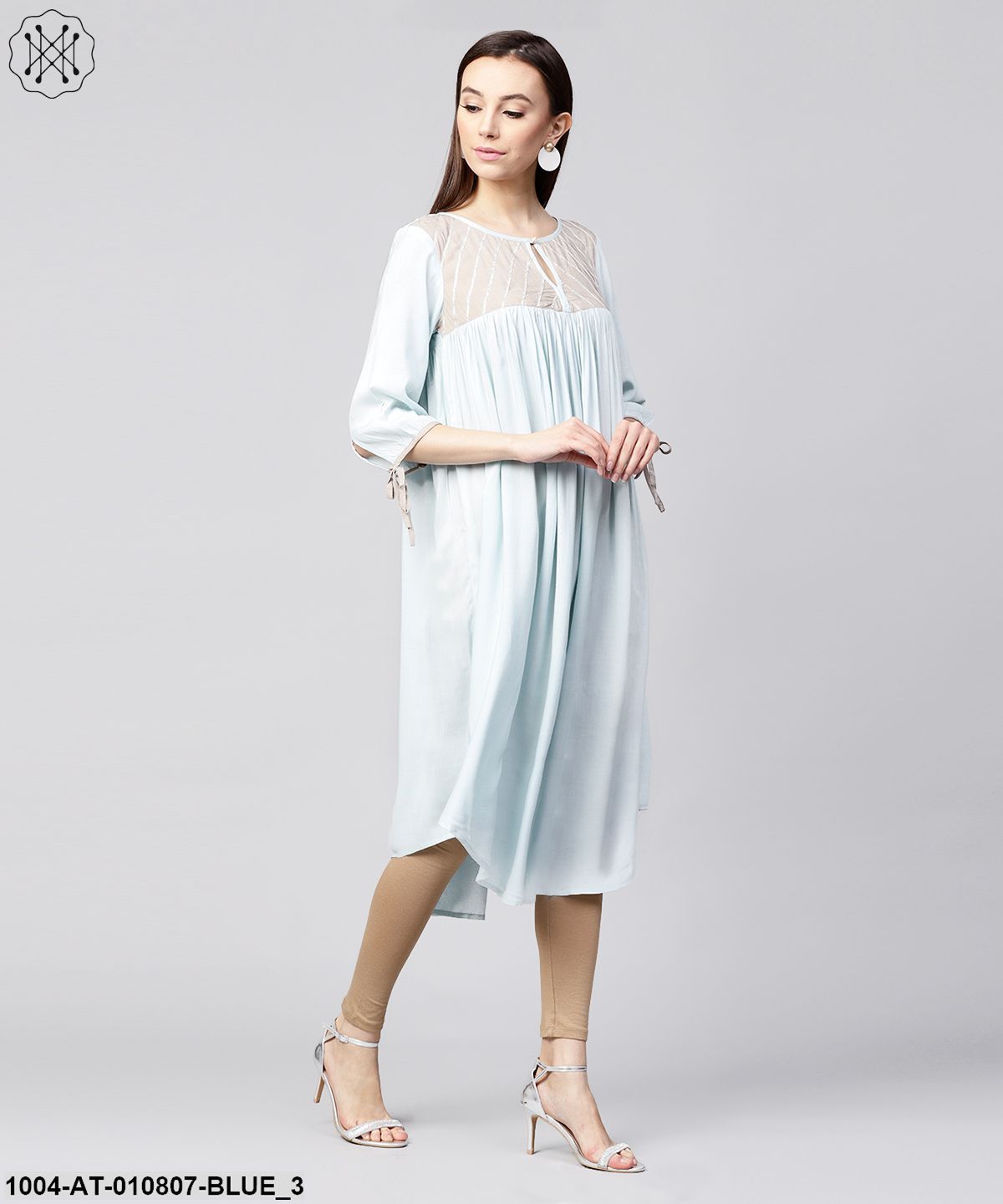 Blue 3/4Th Sleeve Rayon Low High A-Line Kurta