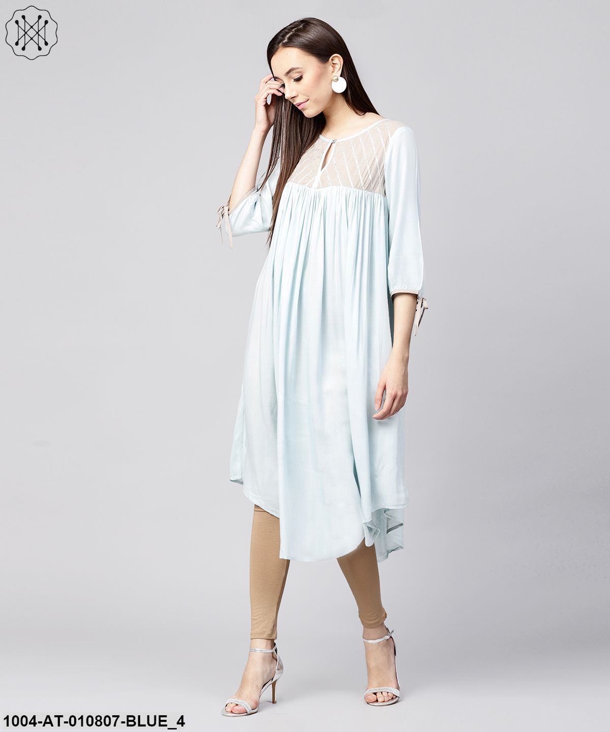 Blue 3/4Th Sleeve Rayon Low High A-Line Kurta