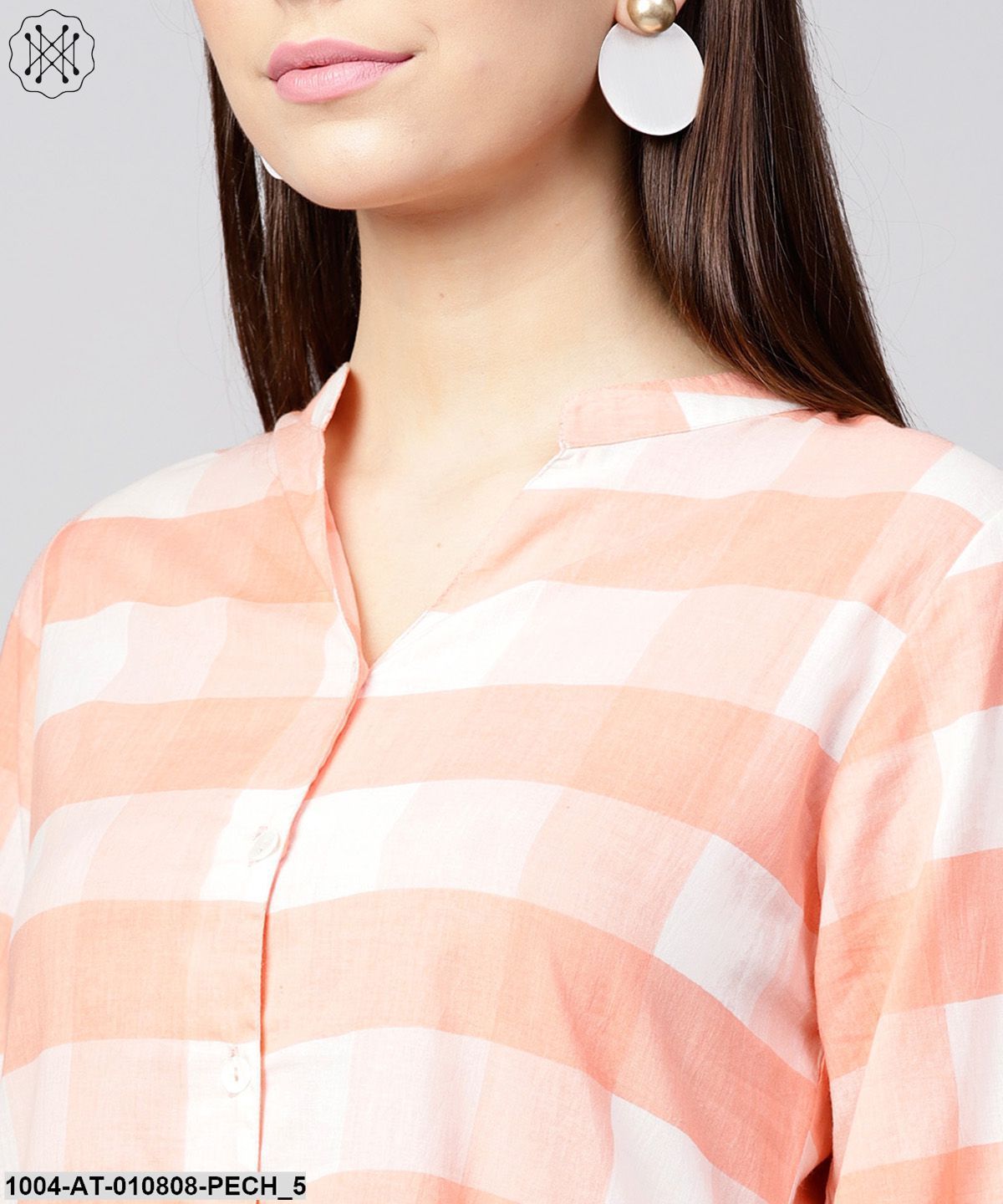 Peach Checked 3/4Th Sleeve Cotton Front Open A-Line Kurta