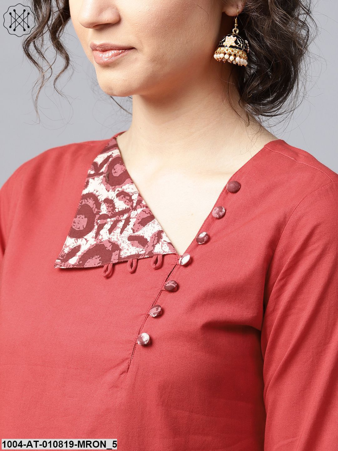 Maroon 3/4 Sleeve Cotton A-Line Kurta