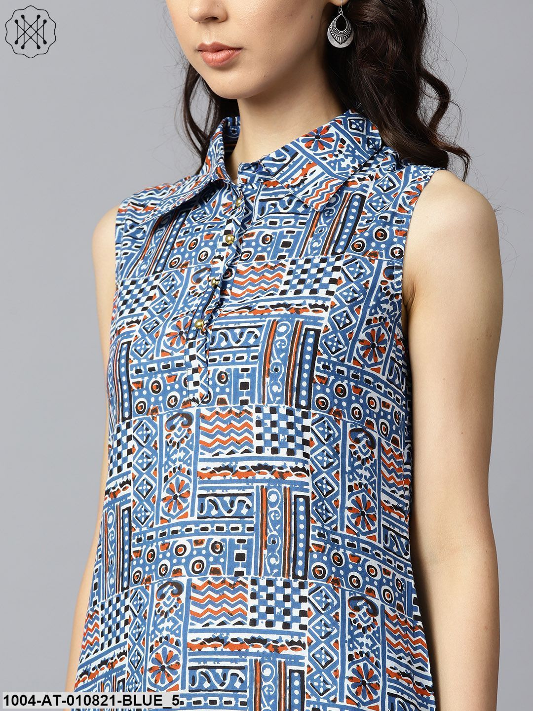 Women Blue & White Printed Pathani Kurta