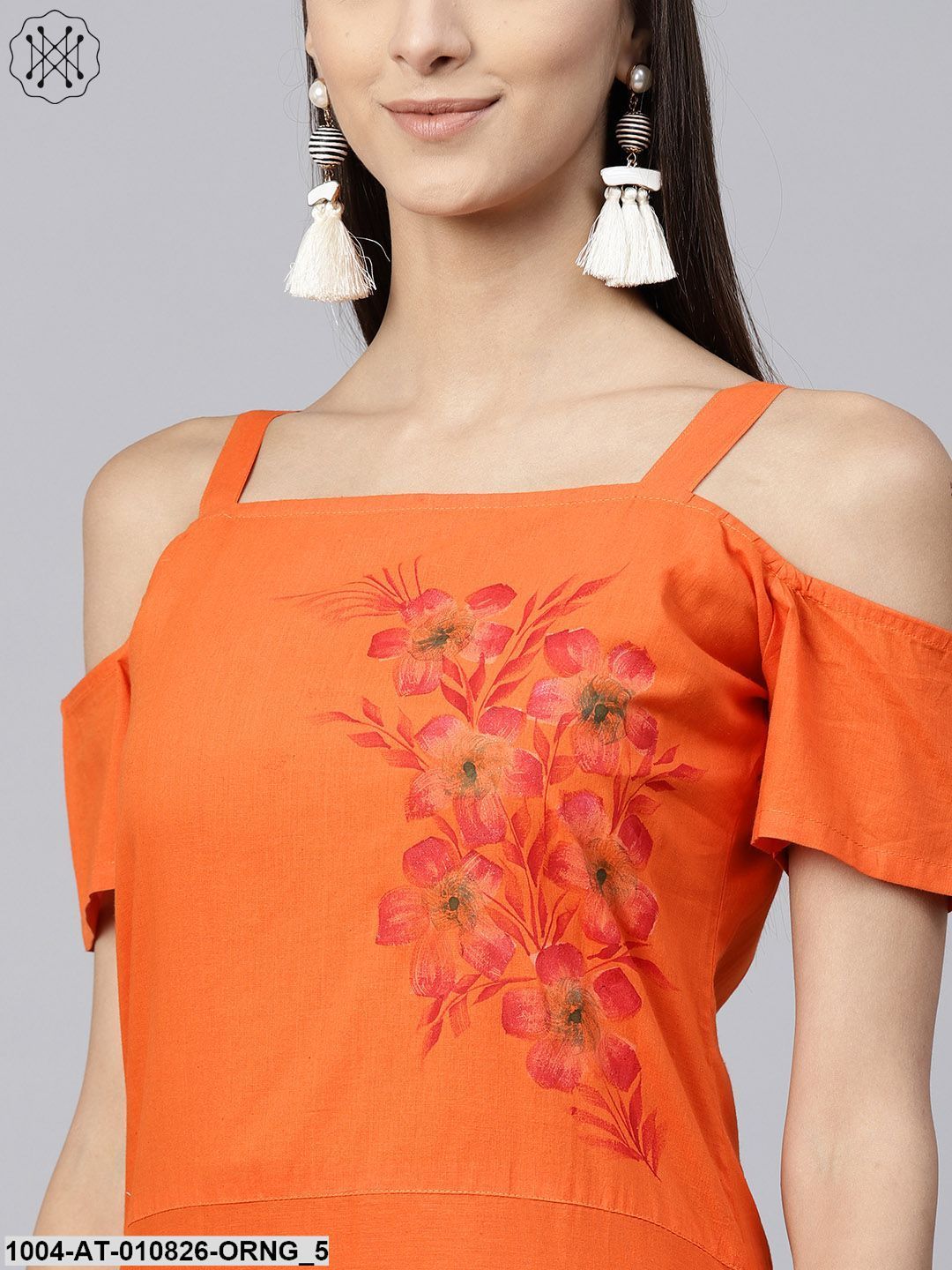 Orange Short Sleeve Cotton A-Line Kurta With Block Printed In Yoke & Border