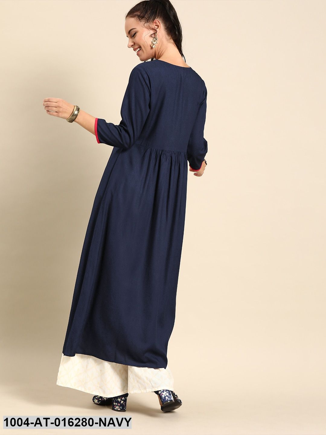 Navy Blue Three-Quarter Sleeves A-Line Solid Yoke Design Viscose Rayon Kurta