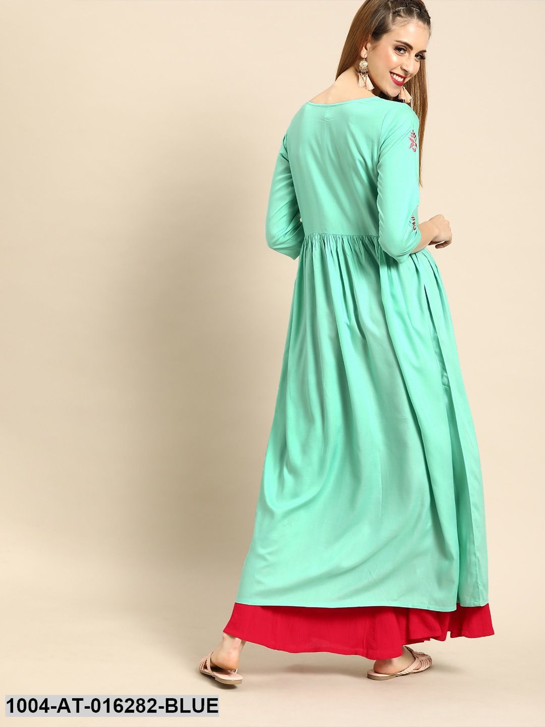 Blue Three-Quarter Sleeves A-Line Solid Yoke Design Viscose Rayon Kurta