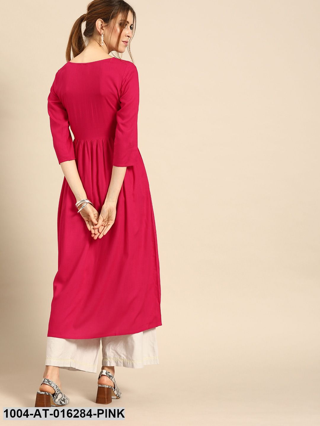 Pink Three-Quarter Sleeves A-Line Solid Solid Viscose Rayon Embroided Kurta
