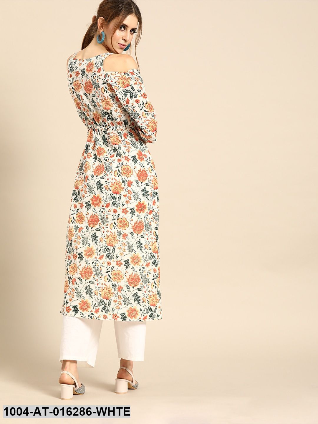 White Three-Quarter Sleeves A-Line Floral Printed Cotton Kurta