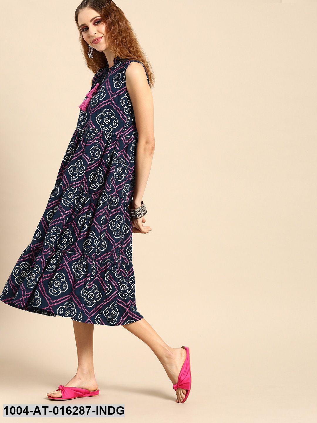 Indigo Blue Sleeveless A-Line Bandhani Printed Cotton Kurta