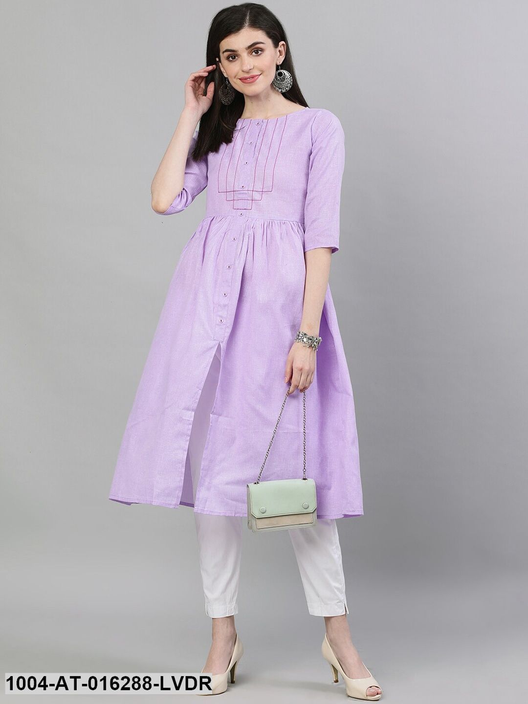 Lavender Three-Quarter Sleeves A-Line Solid Solid Cotton Kurta