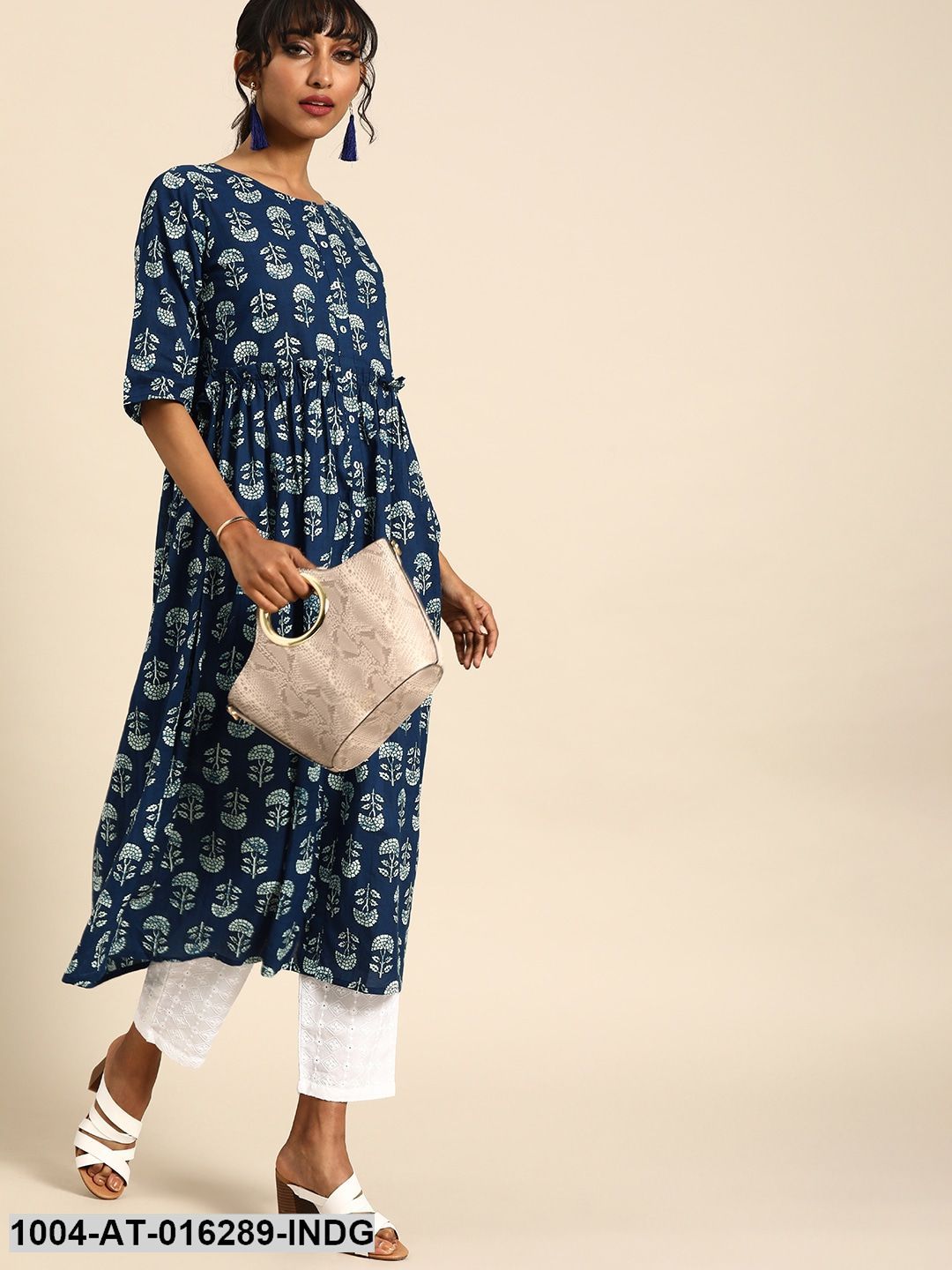 Indigo Blue Three-Quarter Sleeves A-Line Floral Printed Cotton Kurta