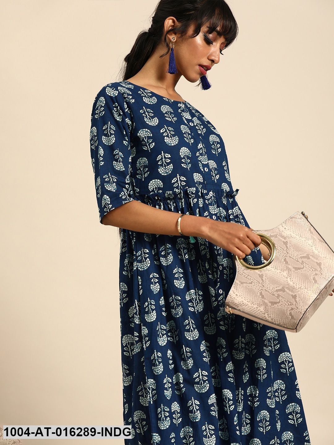 Indigo Blue Three-Quarter Sleeves A-Line Floral Printed Cotton Kurta