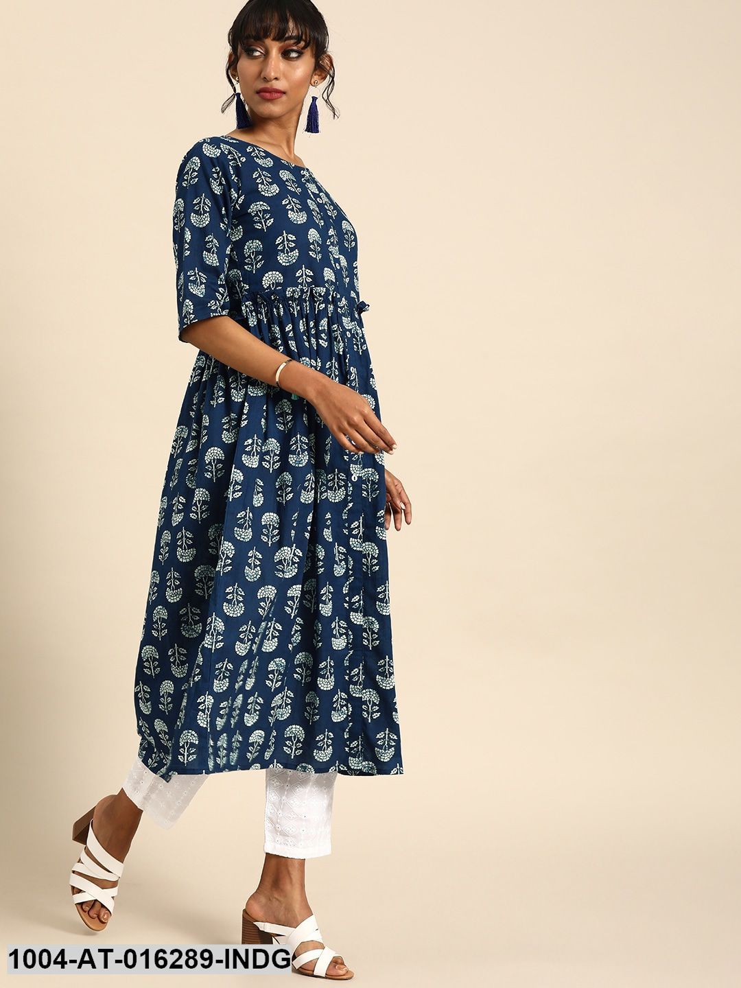 Indigo Blue Three-Quarter Sleeves A-Line Floral Printed Cotton Kurta