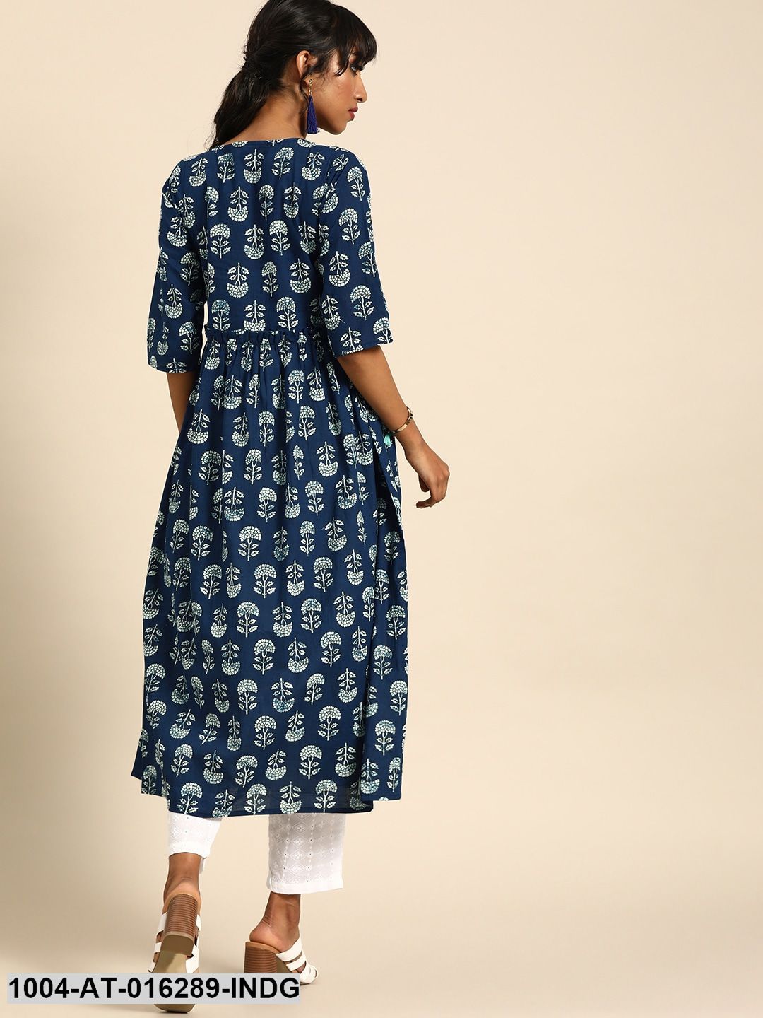 Indigo Blue Three-Quarter Sleeves A-Line Floral Printed Cotton Kurta