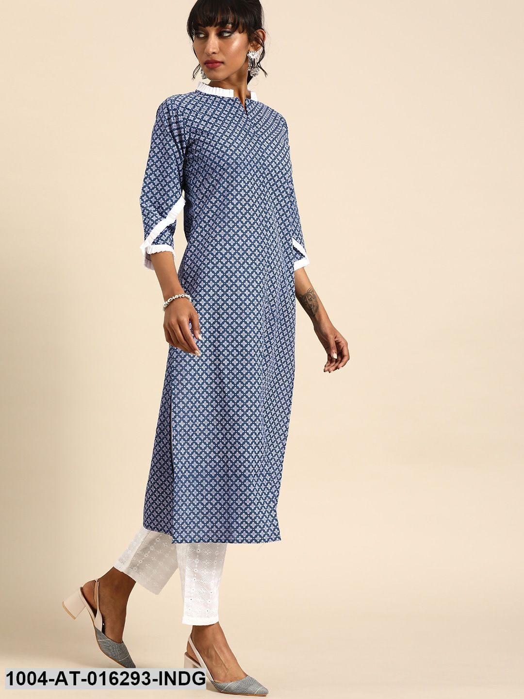Indigo Blue Three-Quarter Sleeves Straight Ethnic Motifs Printed Cotton Kurta