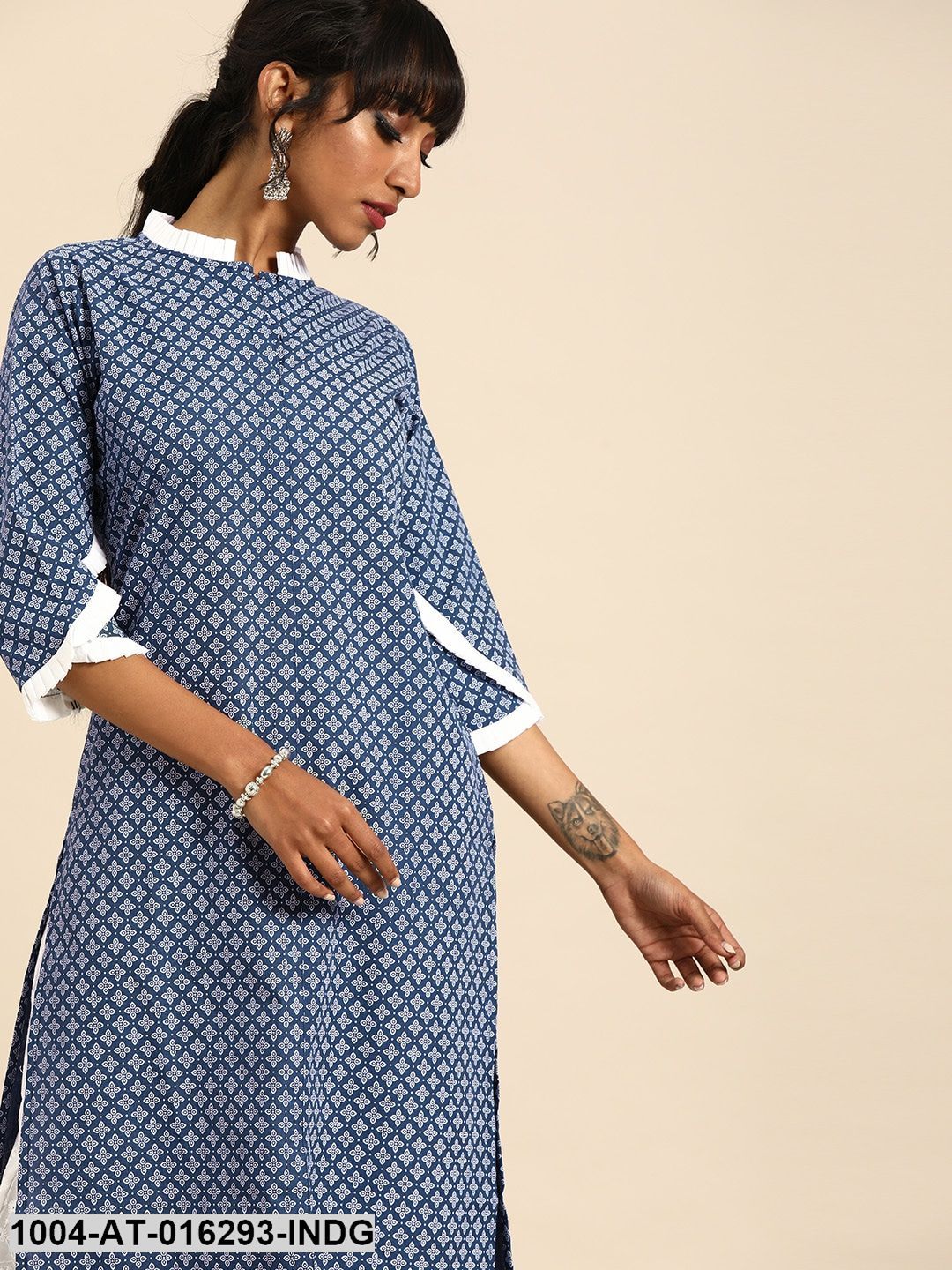 Indigo Blue Three-Quarter Sleeves Straight Ethnic Motifs Printed Cotton Kurta