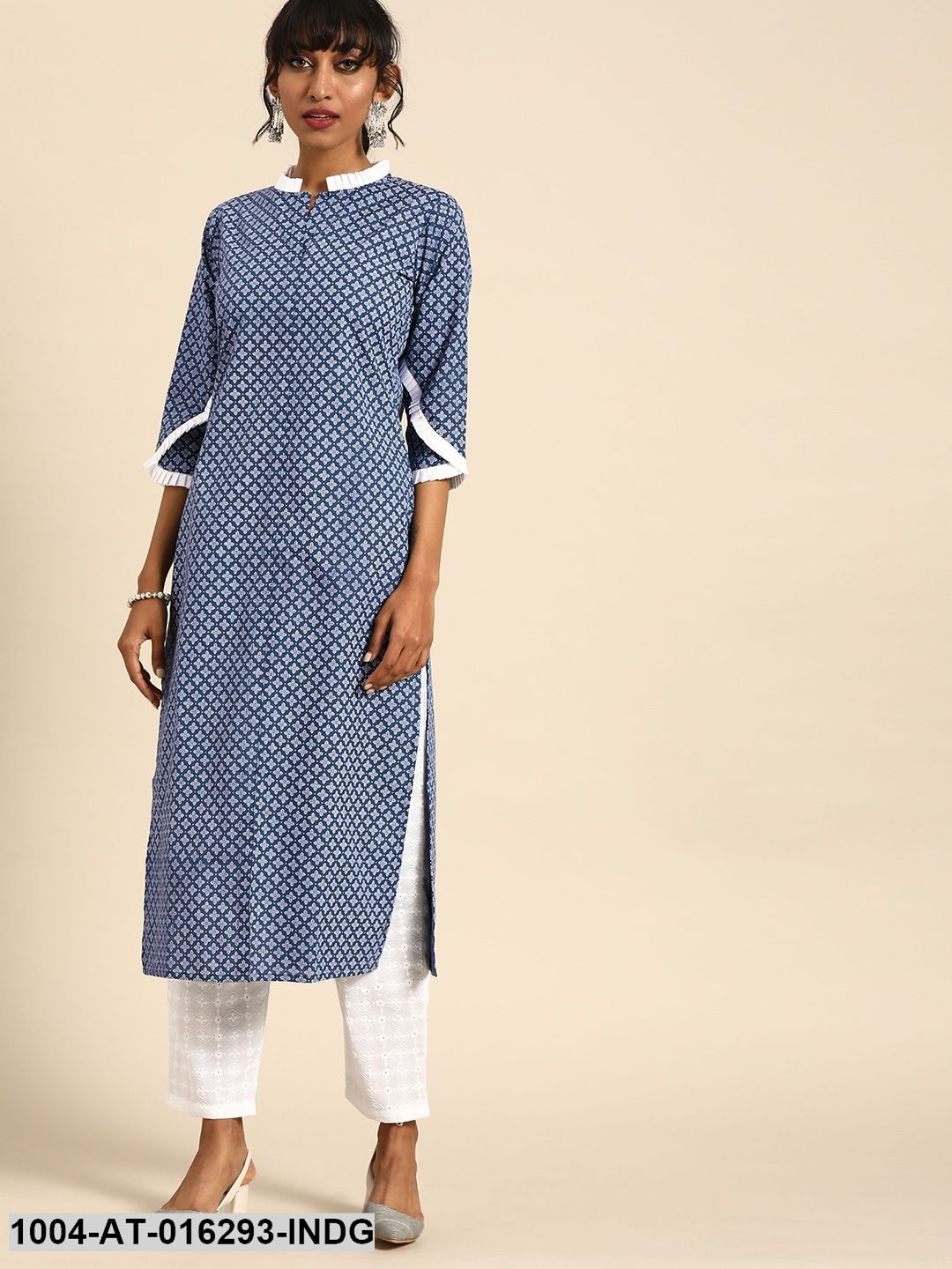 Indigo Blue Three-Quarter Sleeves Straight Ethnic Motifs Printed Cotton Kurta