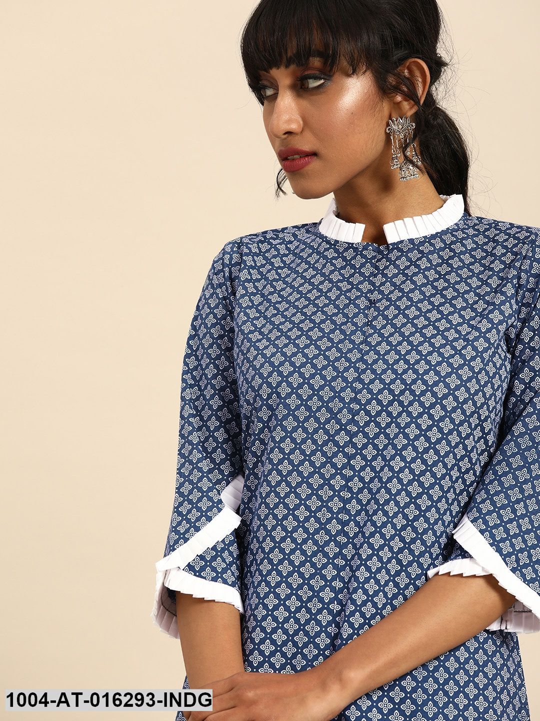 Indigo Blue Three-Quarter Sleeves Straight Ethnic Motifs Printed Cotton Kurta