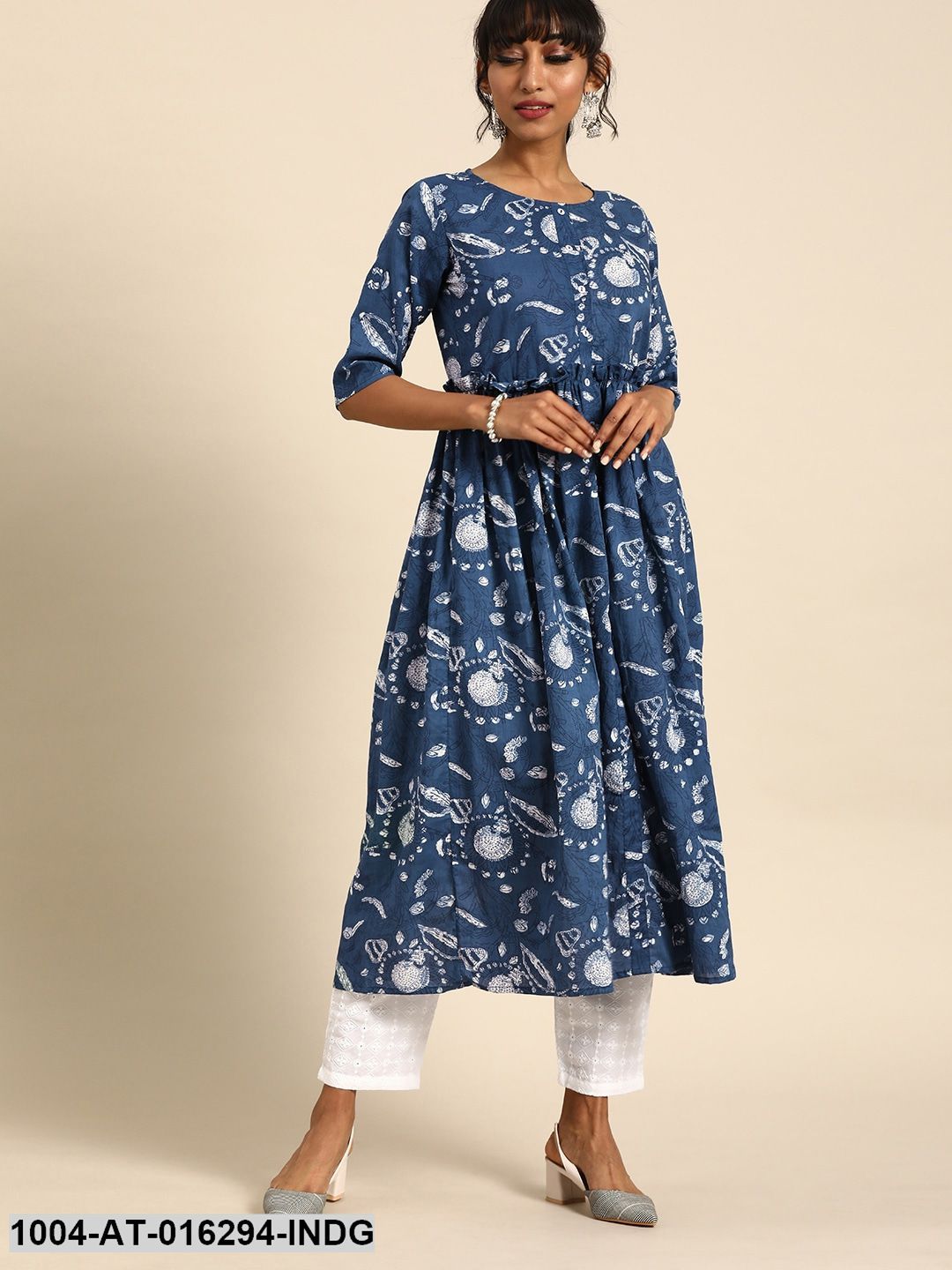 Indigo Blue Three-Quarter Sleeves A-Line Quirky Printed Cotton Kurta