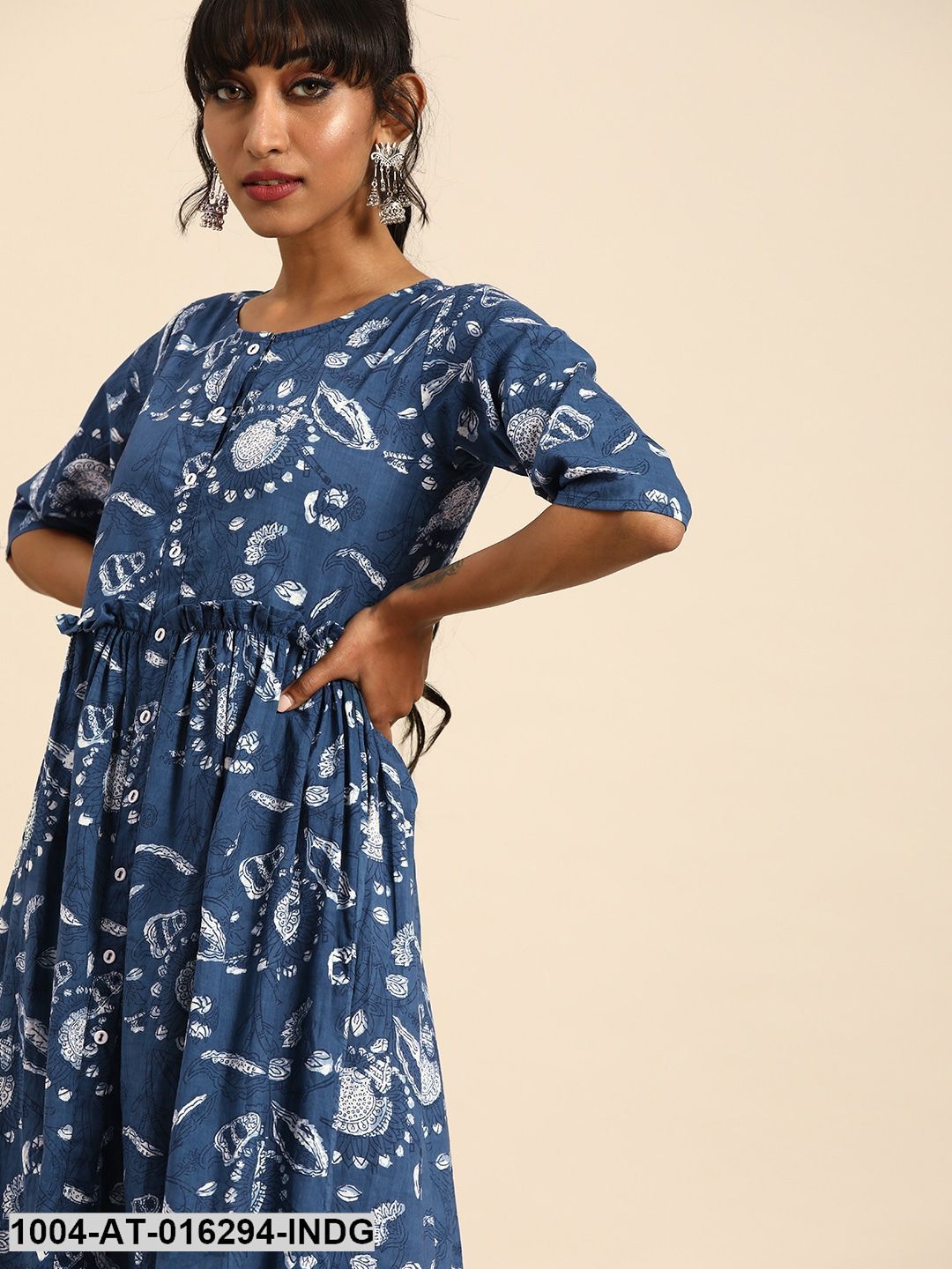 Indigo Blue Three-Quarter Sleeves A-Line Quirky Printed Cotton Kurta