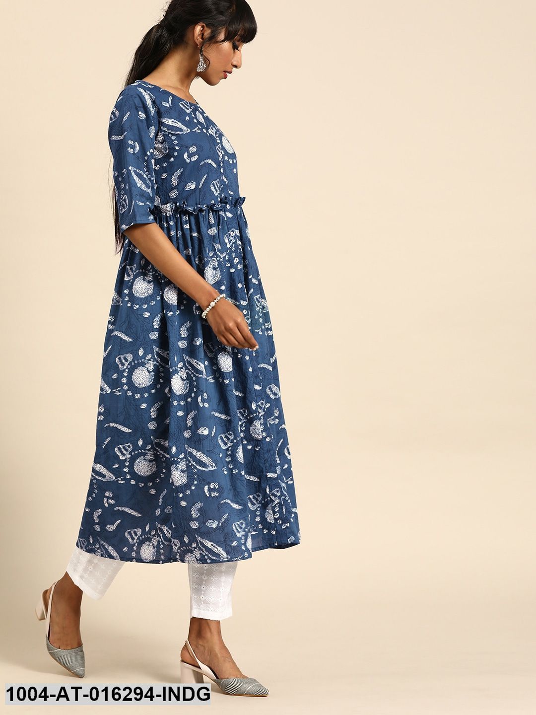 Indigo Blue Three-Quarter Sleeves A-Line Quirky Printed Cotton Kurta