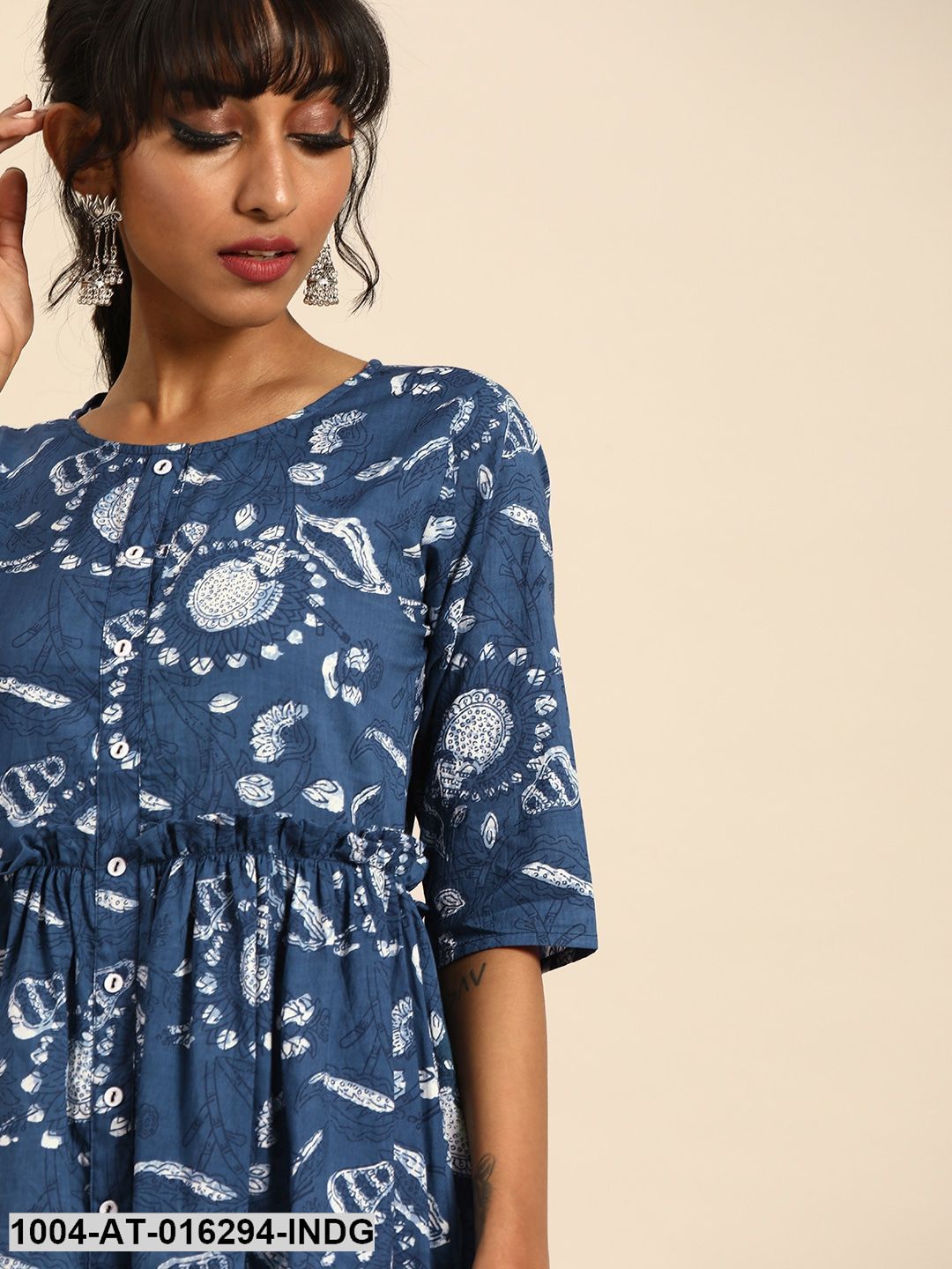 Indigo Blue Three-Quarter Sleeves A-Line Quirky Printed Cotton Kurta