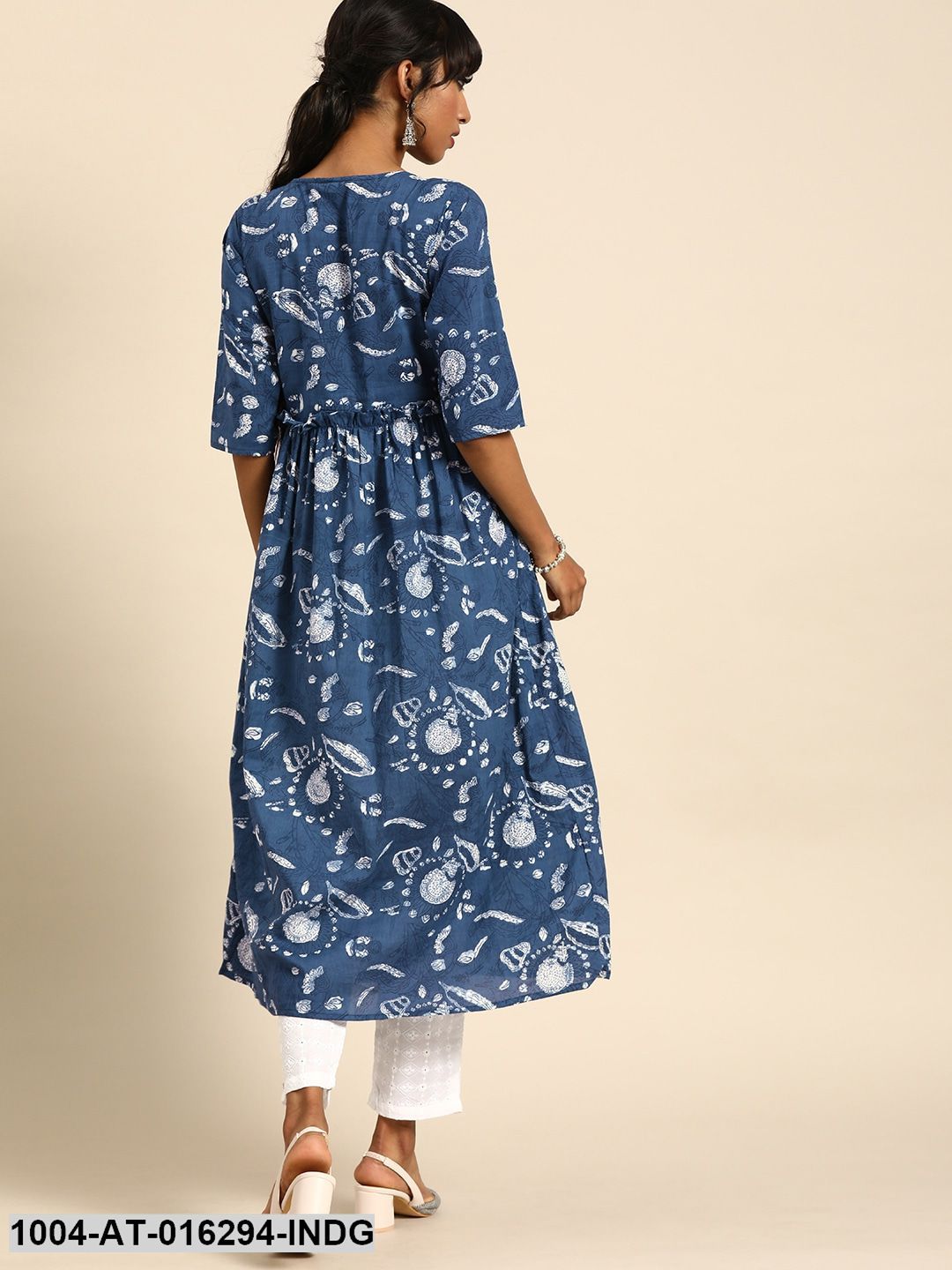 Indigo Blue Three-Quarter Sleeves A-Line Quirky Printed Cotton Kurta