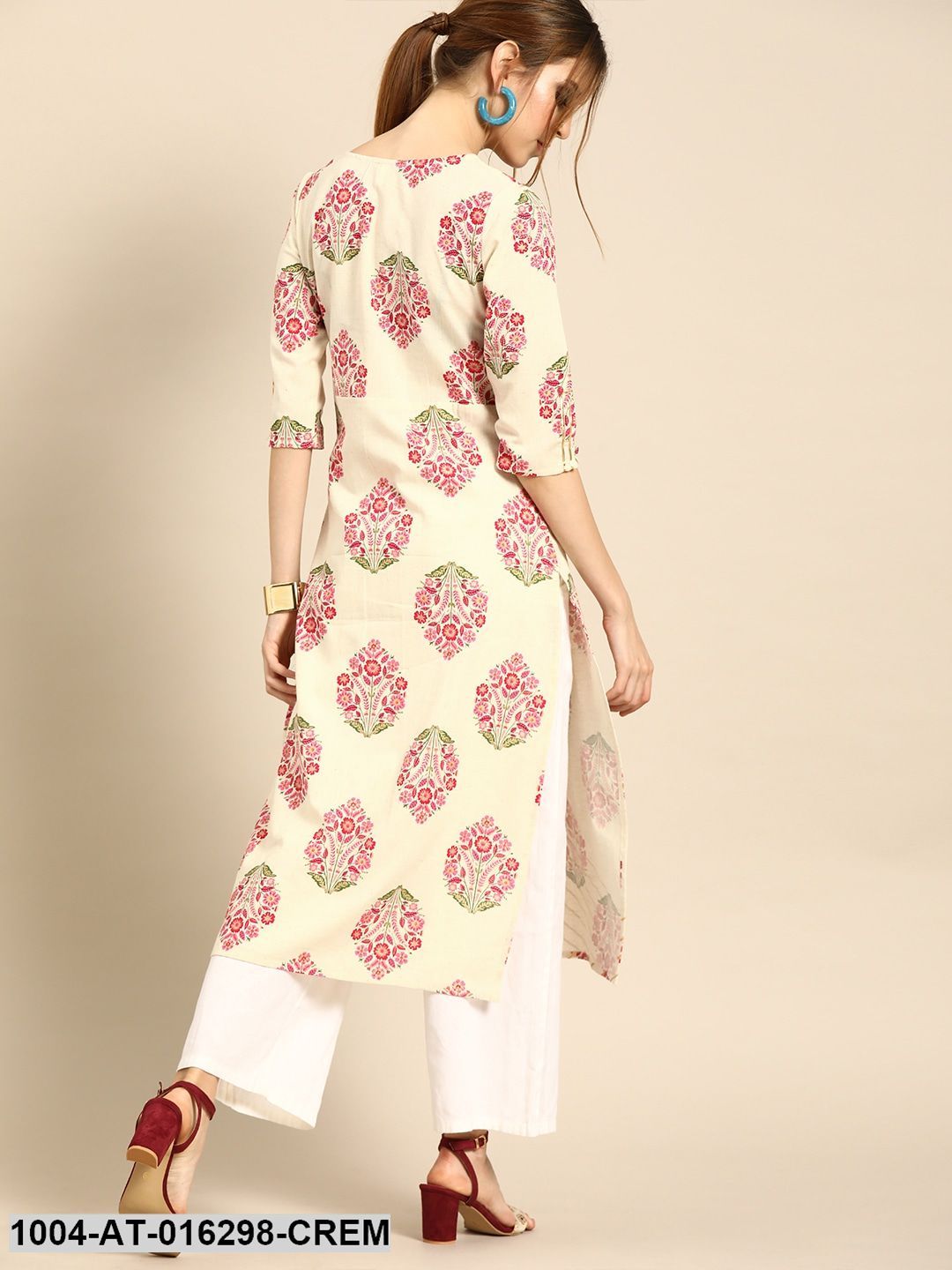 Cream Three-Quarter Sleeves Straight Ethnic Motifs Printed Cotton Kurta