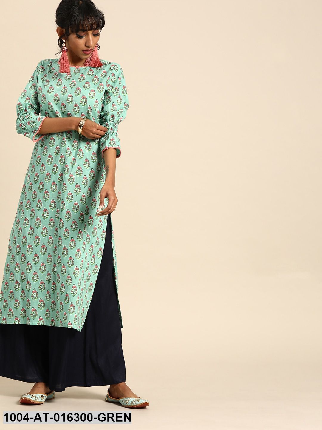 Pastel Green Three-Quarter Sleeves Straight Floral Printed Cotton Kurta