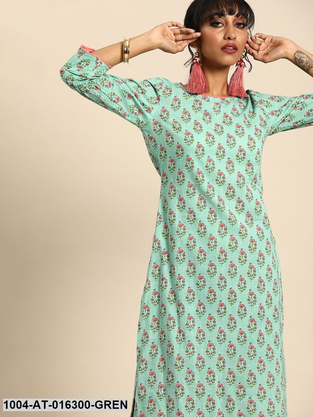 Pastel Green Three-Quarter Sleeves Straight Floral Printed Cotton Kurta