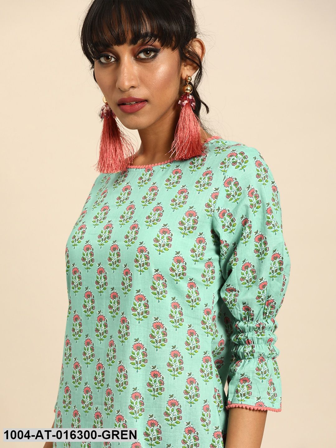 Pastel Green Three-Quarter Sleeves Straight Floral Printed Cotton Kurta