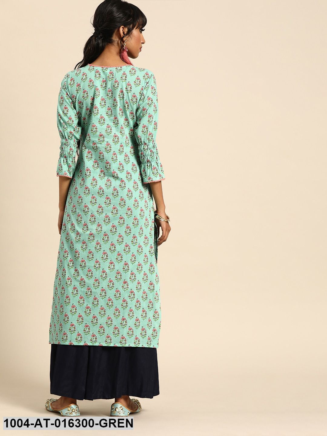 Pastel Green Three-Quarter Sleeves Straight Floral Printed Cotton Kurta