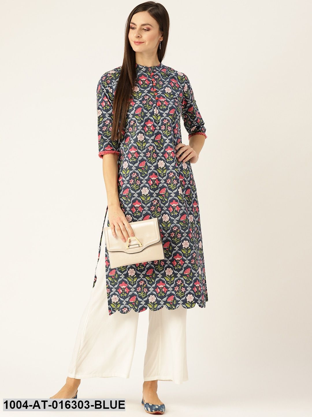 Blue Three-Quarter Sleeves Straight Floral Printed Cotton Kurta