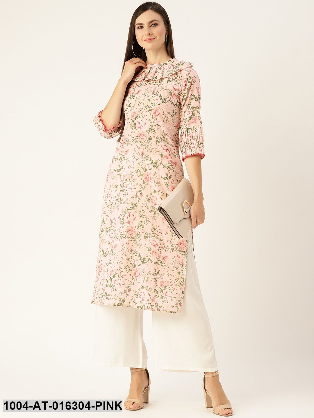Pastel Pink Three-Quarter Sleeves Straight Floral Printed Kurta