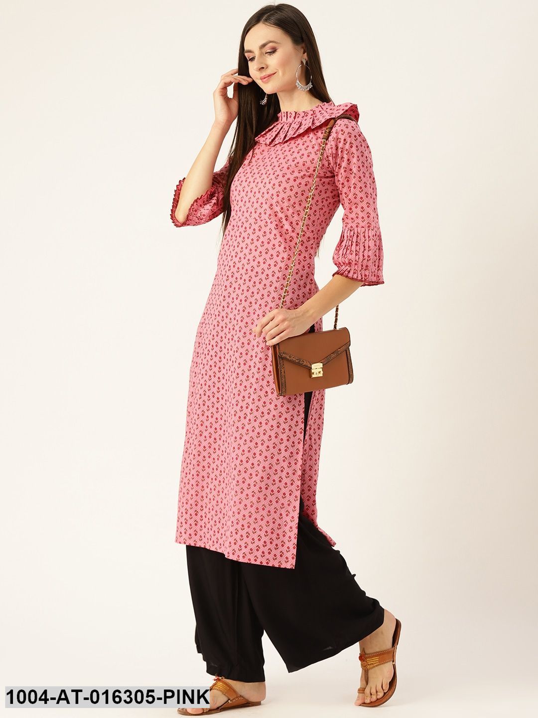 Pink Three-Quarter Sleeves Straight Ethnic Motifs Printed Kurta