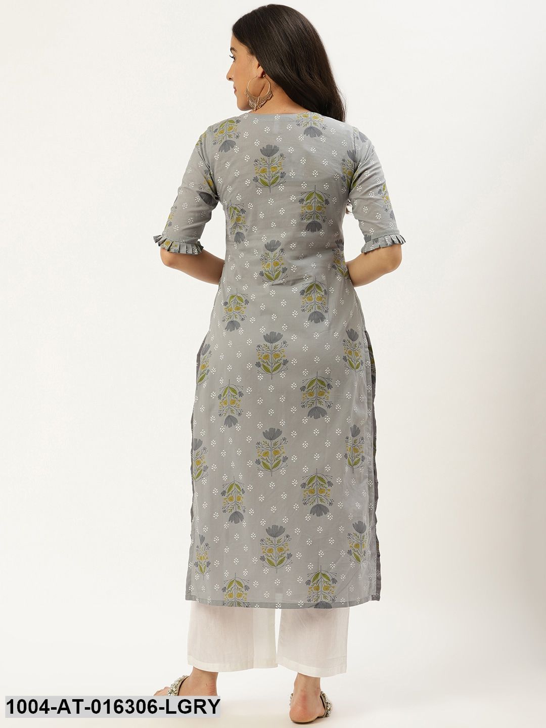 Light Grey Three-Quarter Sleeves Straight Floral Cotton Kurta