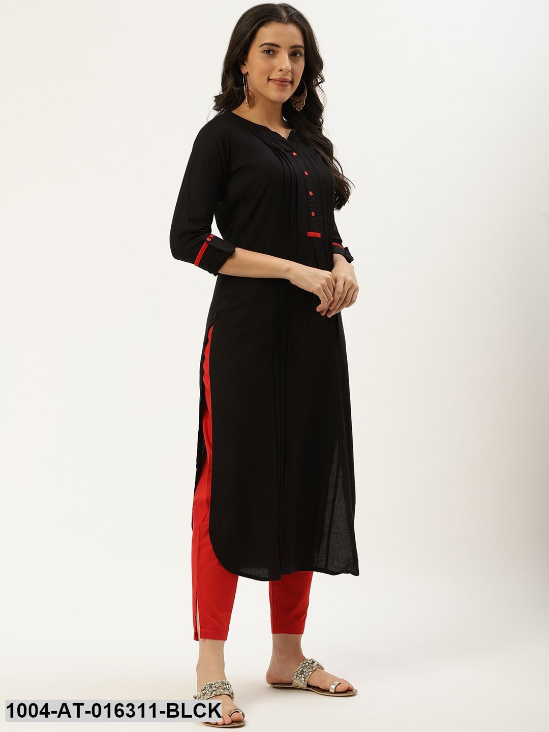 Black Three-Quarter Sleeves Straight Solid Viscose Rayon Kurta